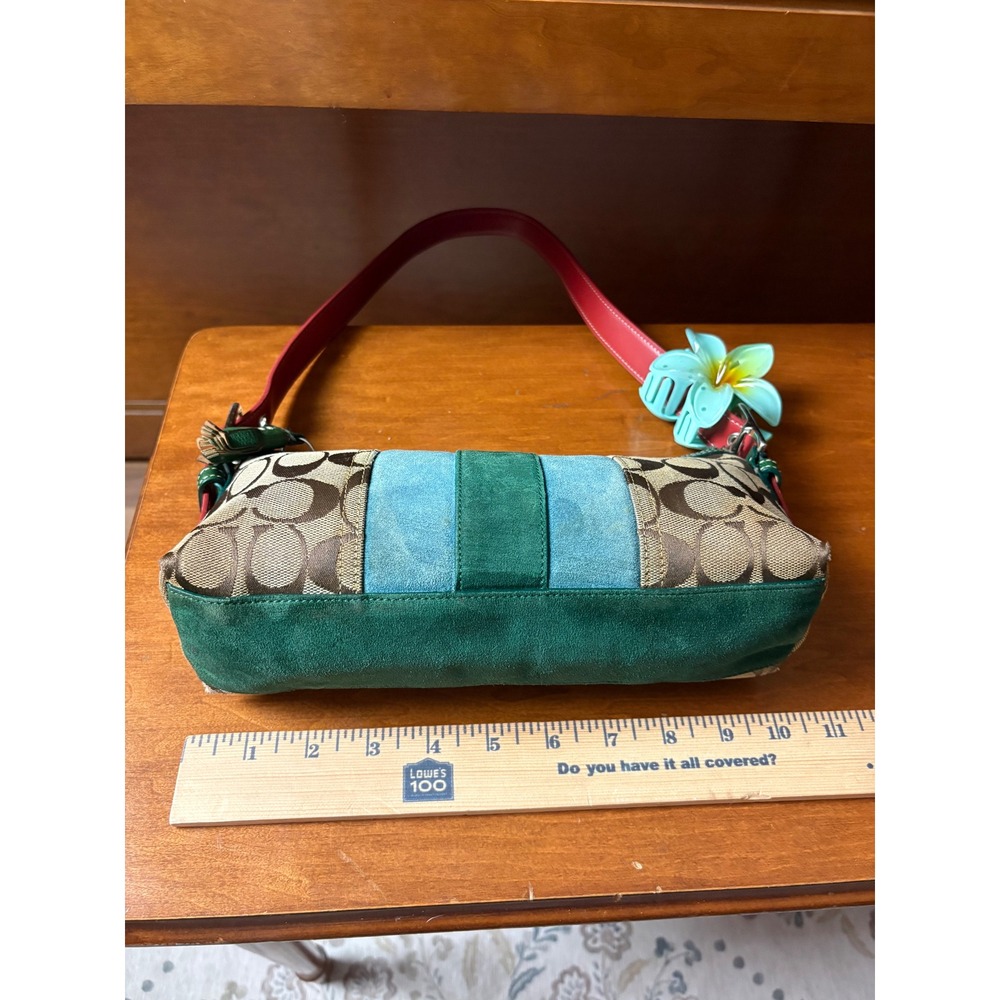 Coach Demi Baguette Signature Monogram Suede Stripe Brown Green Red 7039 Vintage - Picture 7 of 9